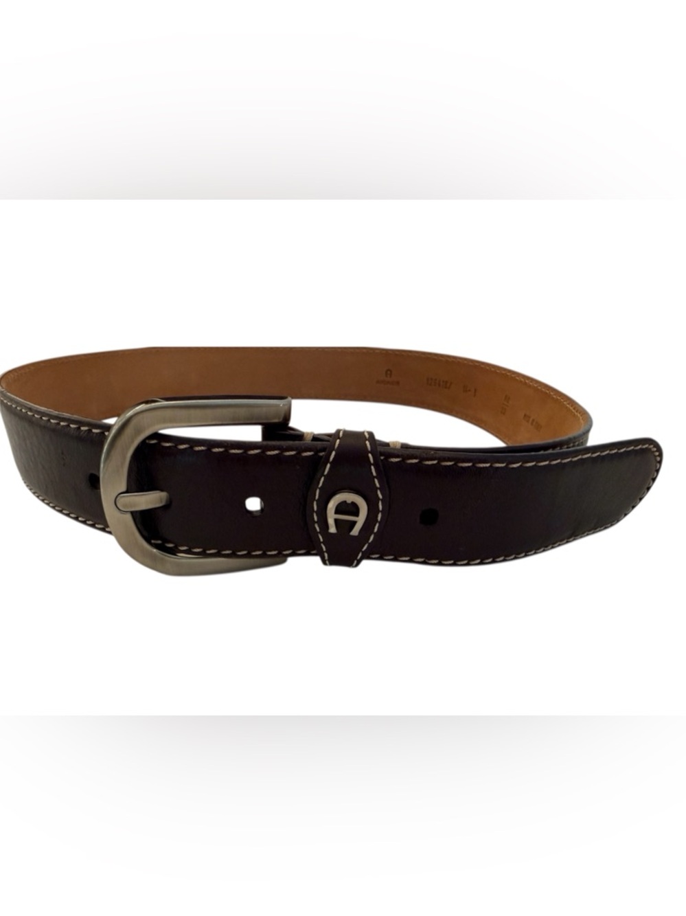 Aigner Leather Belt Brown Logo Buckle Made in Italy Size 32 Classic Stitch